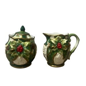 Vintage Opulence Holly hand painted creamer and sugar set Christmas Holiday